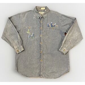 Vintage Adolfo International Denim Shirt Womens M Hand Painted Art 90s